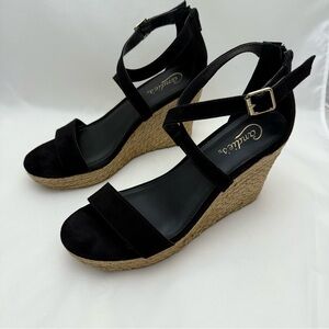 Candie’s Black Espadrille Wedge Sandals Women’s Sz 7.5 Ankle Strap Shoes
